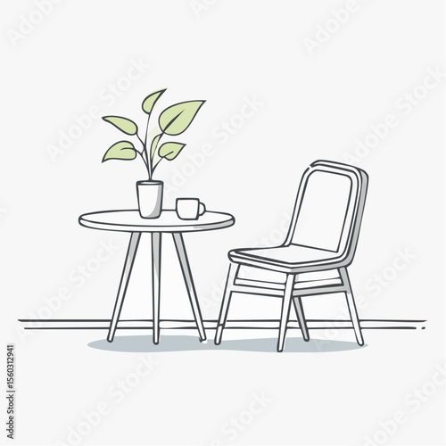 Line-art vector of a modern chair and table in a minimalist room setting