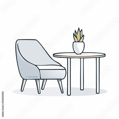 Line-art vector of a modern chair and table in a minimalist room setting