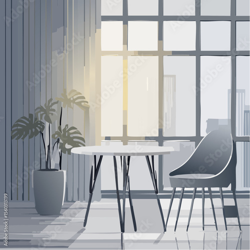 Line-art vector of a modern chair and table in a minimalist room setting