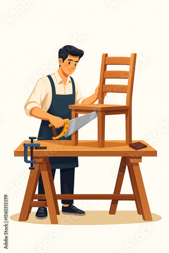 Woodworker sawing a chair on a workbench shows the process of furniture making in a workshop with woodworking tools like saw, clamp, and sandpaper.