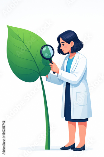 A botanist in a lab coat meticulously examines a plant leaf using a magnifying glass, showcasing research and the importance of botanical studies.