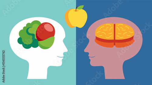 A comparison image of two brains one from a person who regularly consumes a diet high in processed foods and the other from someone who prioritizes brainhealthy nutrition visually. Vector illustration