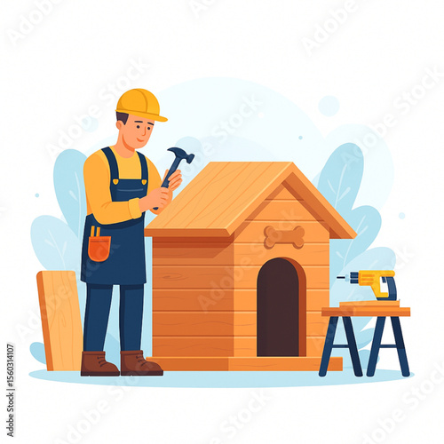 Craftsperson constructing a dog house with hammer and wood, representing craftsmanship, DIY projects, and pet care.
