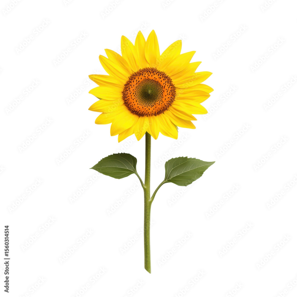 Fototapeta premium A single vibrant yellow sunflower with green leaves and stem isolated on transparent background
