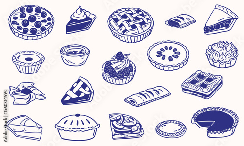 pie tart hand drawn sketch illustration collection - doodle line art