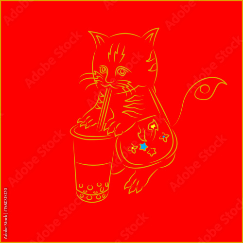 Golden cat with Thai pattern mixed lines carrying a cute bag sucking nectar. Flat vector. Isolated happy pet character with lightning bolt pattern and calm face. Cat family. Happy character. 