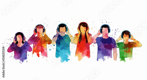 A group of diverse people wearing headphones, painted in watercolor with abstract splashes around them.