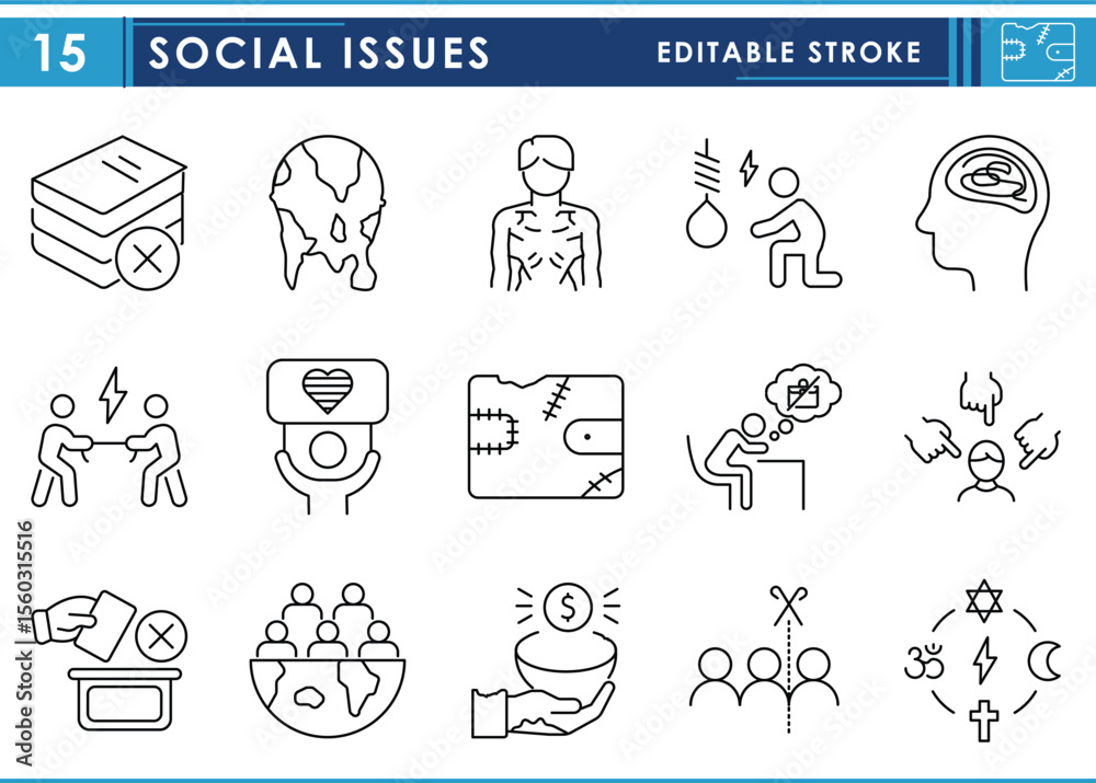 Fototapeta premium A set of line icons related to Social Issues. Society, problems, poverty, malnutrition, jobless, bully, global warming, and so on. Vector editable stroke.