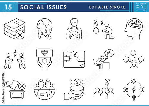 A set of line icons related to Social Issues. Society, problems, poverty, malnutrition, jobless, bully, global warming, and so on. Vector editable stroke.