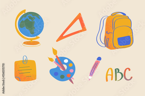 Colorful school supplies with separate backpack, globe, pencil palette and ABC for class projects, educational media and kids themed illustrations