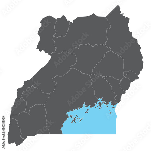 Uganda map subregions. Map of Uganda four subregions in grey color with Lake Victoria
