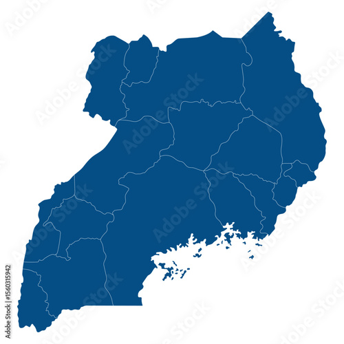 Uganda map subregions. Map of Uganda four subregions in blue color without Lake Victoria