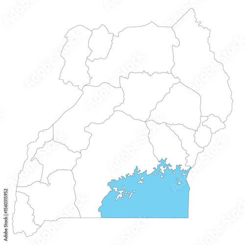 Uganda map subregions. Map of Uganda four subregions in white color with Lake Victoria