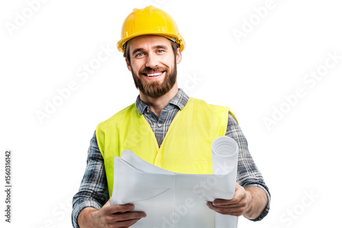 Smiling male architect or construction worker in safety helmet and orange vest holding blueprint isolated on transparent background