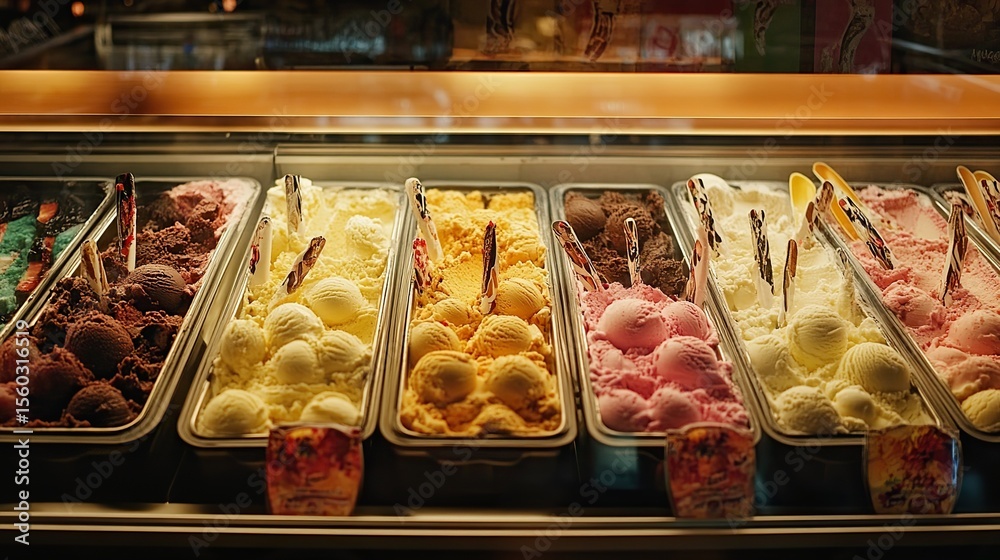 Fototapeta premium A sunset-lit gelato shop display featuring natural, handmade flavors.