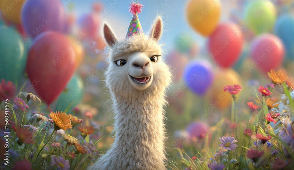 Fototapeta premium A fluffy white alpaca wearing a party hat smiles cheerfully amidst a vibrant field of colorful balloons and wildflowers, celebrating a joyful