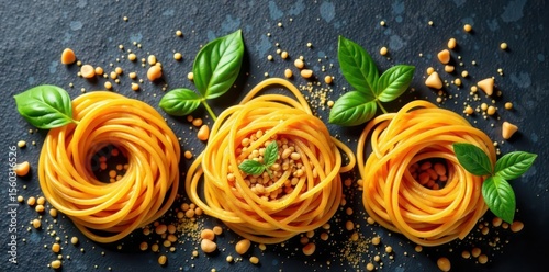 Uncooked spaghetti nests, textured background, pasta, food photography, pasta texture