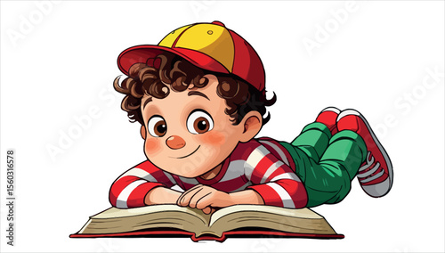 A little schoolboy reading a book, learning about literature, and gaining knowledge