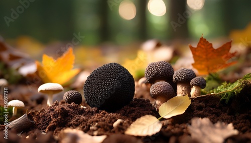 black truffle on soil with small mushrooms and fallen leaves in forest