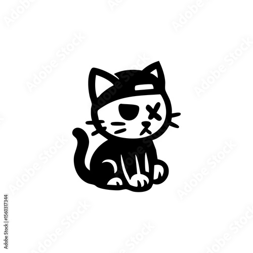 Simple black and white cartoon cat with bandaged eyes