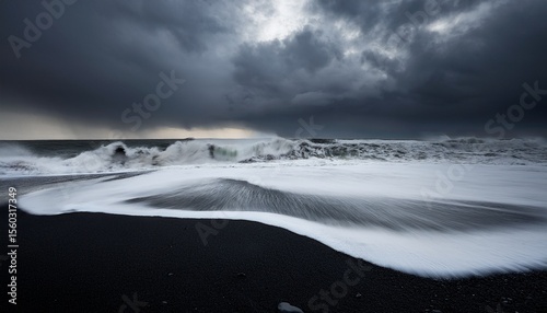 black sand beach storm n moody waves crashing