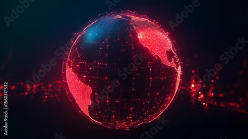 Looped motion rotating globe in red tones with lines of force fields and data streams. Technological endless moving background