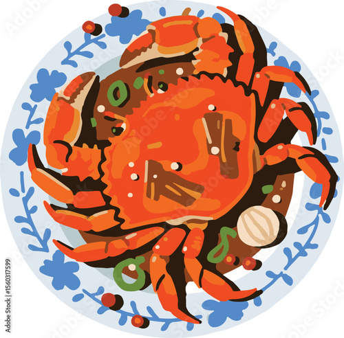 Vibrant illustration of a cooked crab with detailed culinary presentation