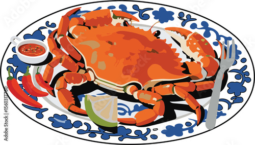 Vibrant cooked crab illustration with detailed culinary elements and seafood appeal