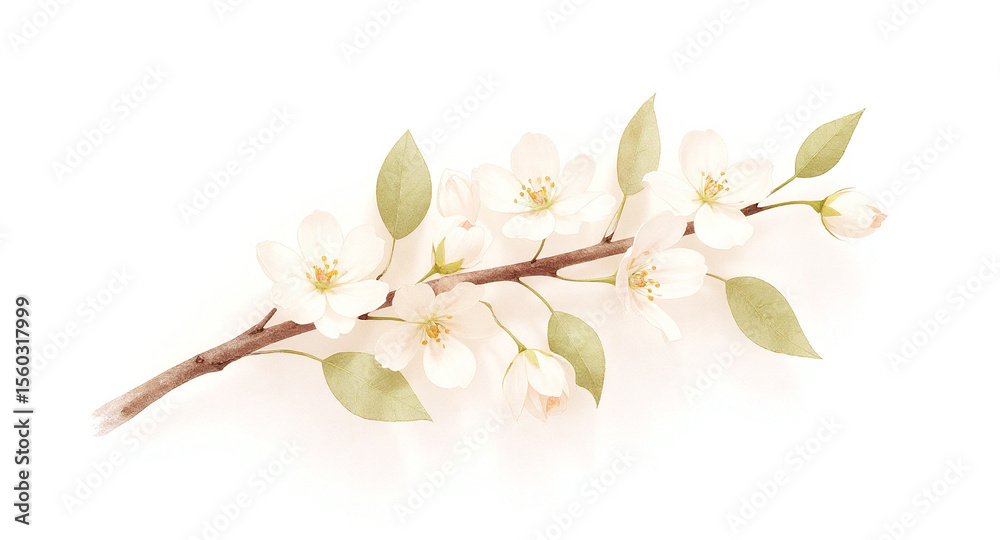 Obraz premium A gentle watercolor painting of a white apple blossom branch, isolated on white background