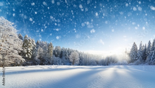 beautiful winter background of snow and blurred forest in background gently falling snow flakes against blue sky wide panorama format