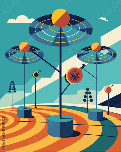 A series of kinetic sculptures powered by solar energy that create mesmerizing patterns and movements in an outdoor plaza.. Vector illustration