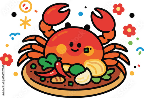Realistic illustration of a delicious cooked red crab with detailed claws and shell