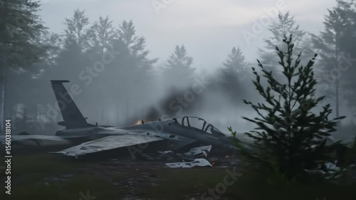 Crashed fighter jet in forest clearing under foggy skies, symbolizing downed aircraft, isolation, and conflict aftermath