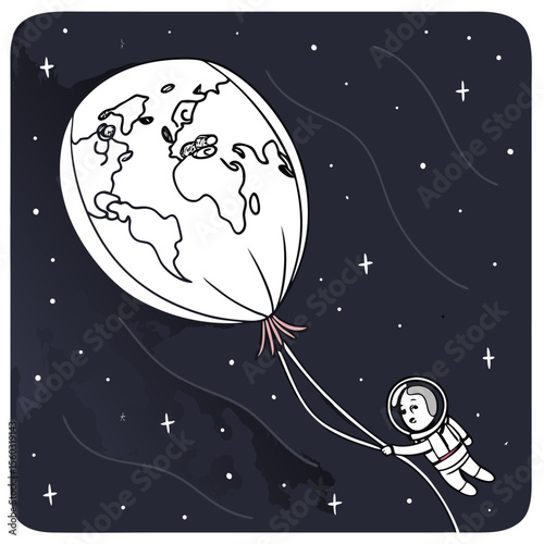 Astronaut holding a balloon shaped like the earth floating in space with stars and cosmic dust around it