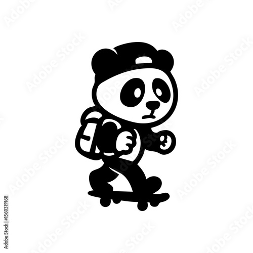 Cute panda wearing a cap and carrying a backpack, skateboarding