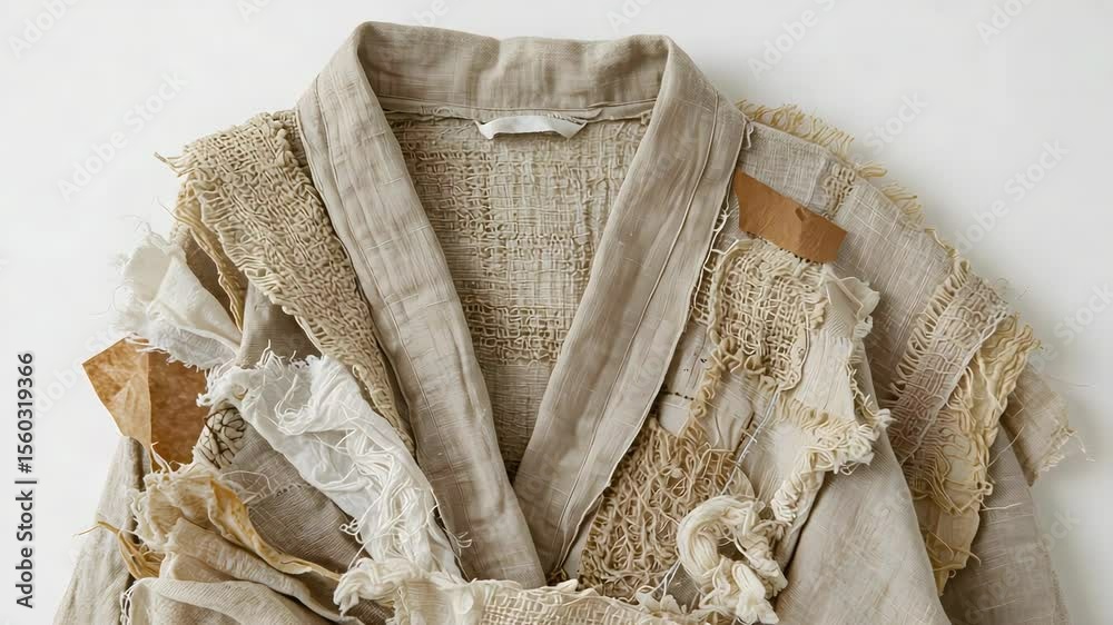 Deconstructed Beige Linen Jacket with Layered Fabric Scraps Textile Art on a Clean White Background