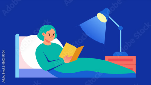 A person lying in bed with a light therapy lamp next to them a book in hand and a peaceful expression on their face. The illustration suggests the use of light therapy before bed. Vector illustration