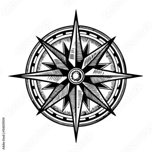 Nautical compass rose symbol. Detailed compass rose illustration with eight points and intricate design elements. Vintage compass rose perfect for nautical charts, maps, and tattoo design.