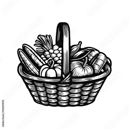 Market basket overflowing with fresh produce.  Wicker basket brimming with apples, corn, pumpkin, and other seasonal fruits and vegetables.
