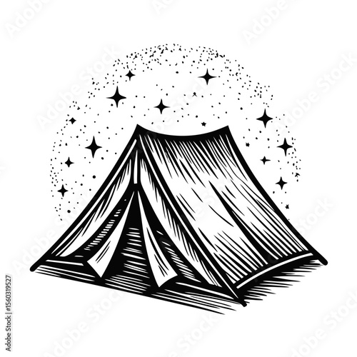 Camping tent under starry night sky. Detailed camping tent illustration with stars and night sky.
