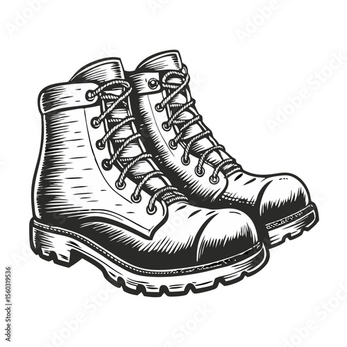 Sturdy walking boots with laces, detailed design, perfect for hiking adventures.  These durable boots are ideal for outdoor exploration and offer superior ankle support.