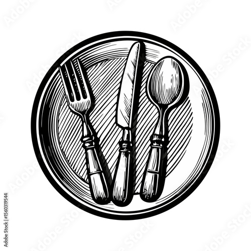 Plate with cutlery set: fork, knife, and spoon on round plate. Elegant cutlery arrangement for restaurant menu design.