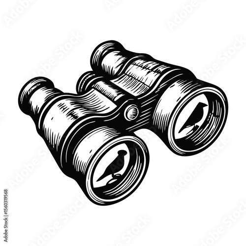 Binoculars and bird silhouette, detailed etching style illustration.  Classic binoculars with bird silhouettes visible through lenses.  Perfect for nature exploration, bird watching.