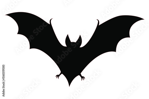 Black bat silhouette flying with spread wings, ideal for halloween, gothic, nocturnal, or wildlife-themed designs, adding a spooky touch.