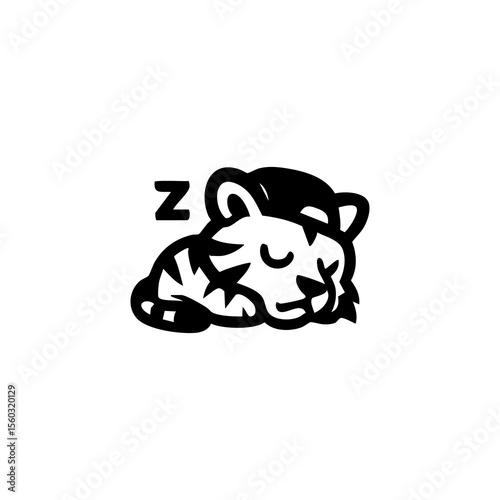 Black and white graphic of a sleeping tiger wearing a cap