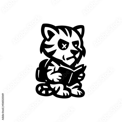 A stylized black and white tiger cartoon character holding a book