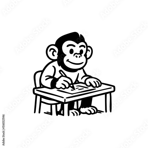 A cartoon chimpanzee sits at a small desk, writing with a pen