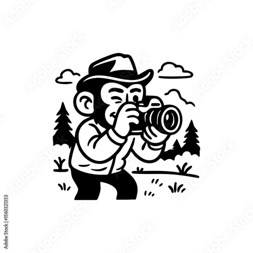A chimp in a cowboy hat holding a camera, taking a picture in a stylized landscape