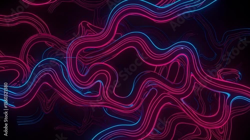 Dynamic Abstract Neon Background with Wavy Pink and Blue Dotted Lines on Dark Backdrop for Modern Design