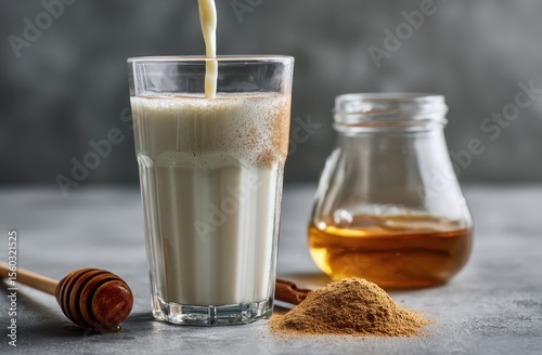 Creamy golden milk flows into a glass, creating a delicious and healthy beverage alongside honey and cinnamon powder.